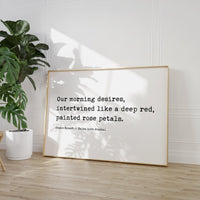Our morning desires, intertwined like a deep red, painted rose petals. , Haiku Poem - Typography Art Print - Love - Anniversary