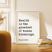 Hippocrates Quote Print, Health Is The Greatest Of Human Blessings Wall Art, Wellness Typography Decor