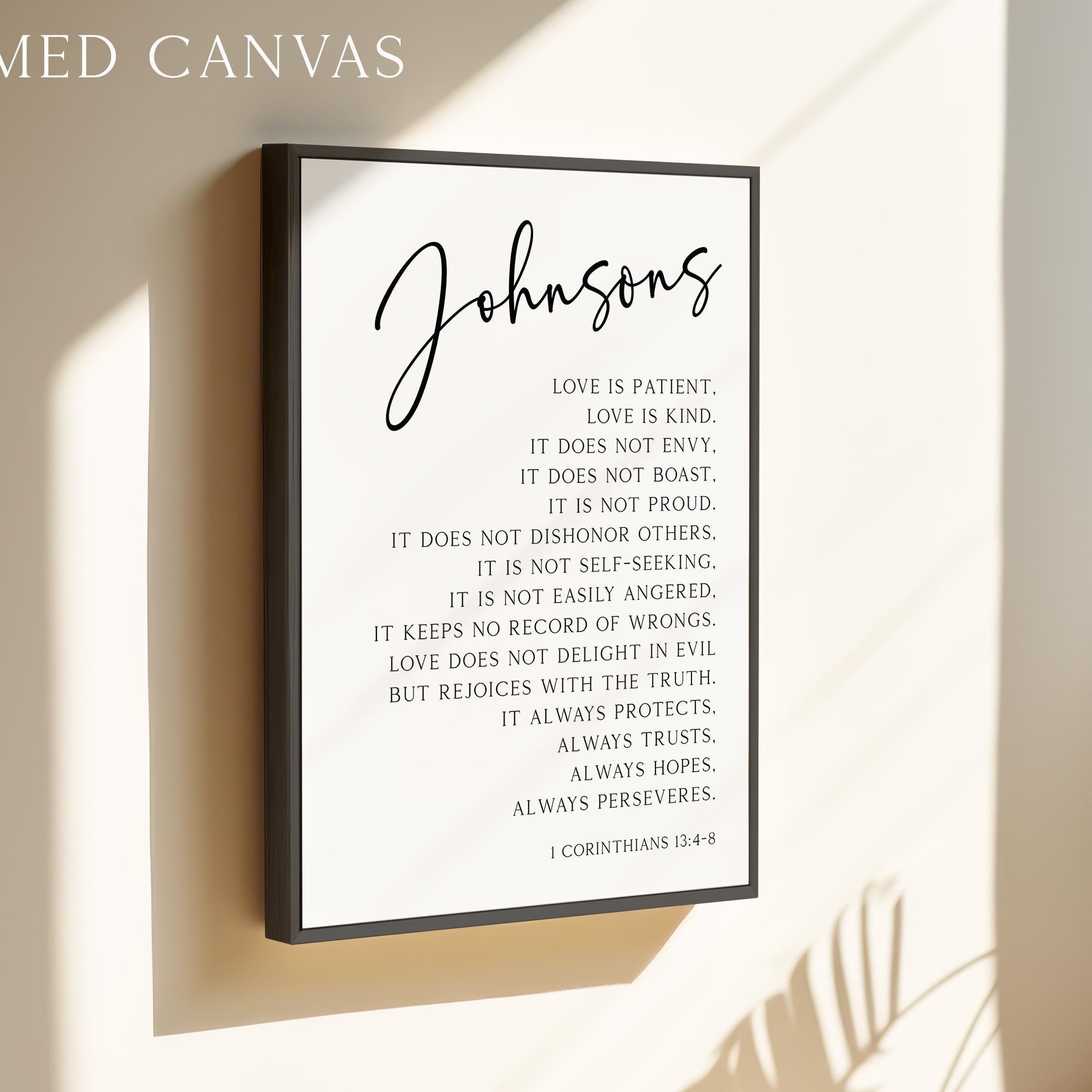 Personalized Family Name Scripture Print, Love Is Patient Kind, 1 Corinthians 13:4-8, Anniversary Gift