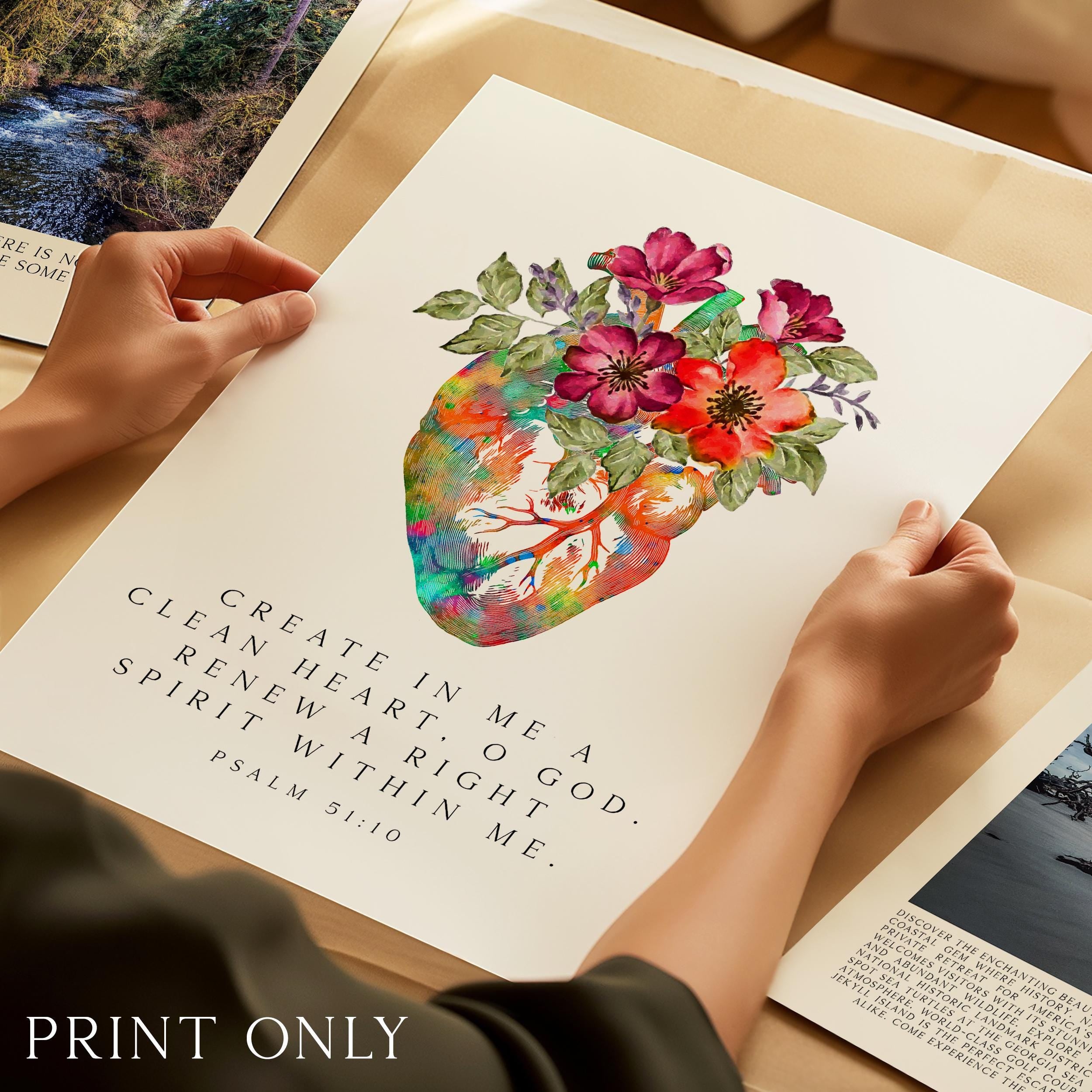Psalm 51:10 Wall Art, Create In Me Clean Heart Print, Christian Floral Bible Decor