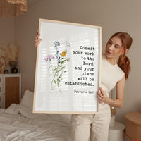 Proverbs 16:3, Commit your work to the Lord, and your plans will be established. Typography Art Print with Wildflowers