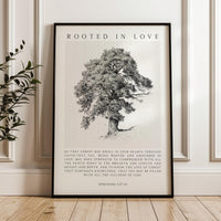 Rooted in Love Scripture Print – Ephesians 3:17-19 Christian Wall Art with Tree Illustration