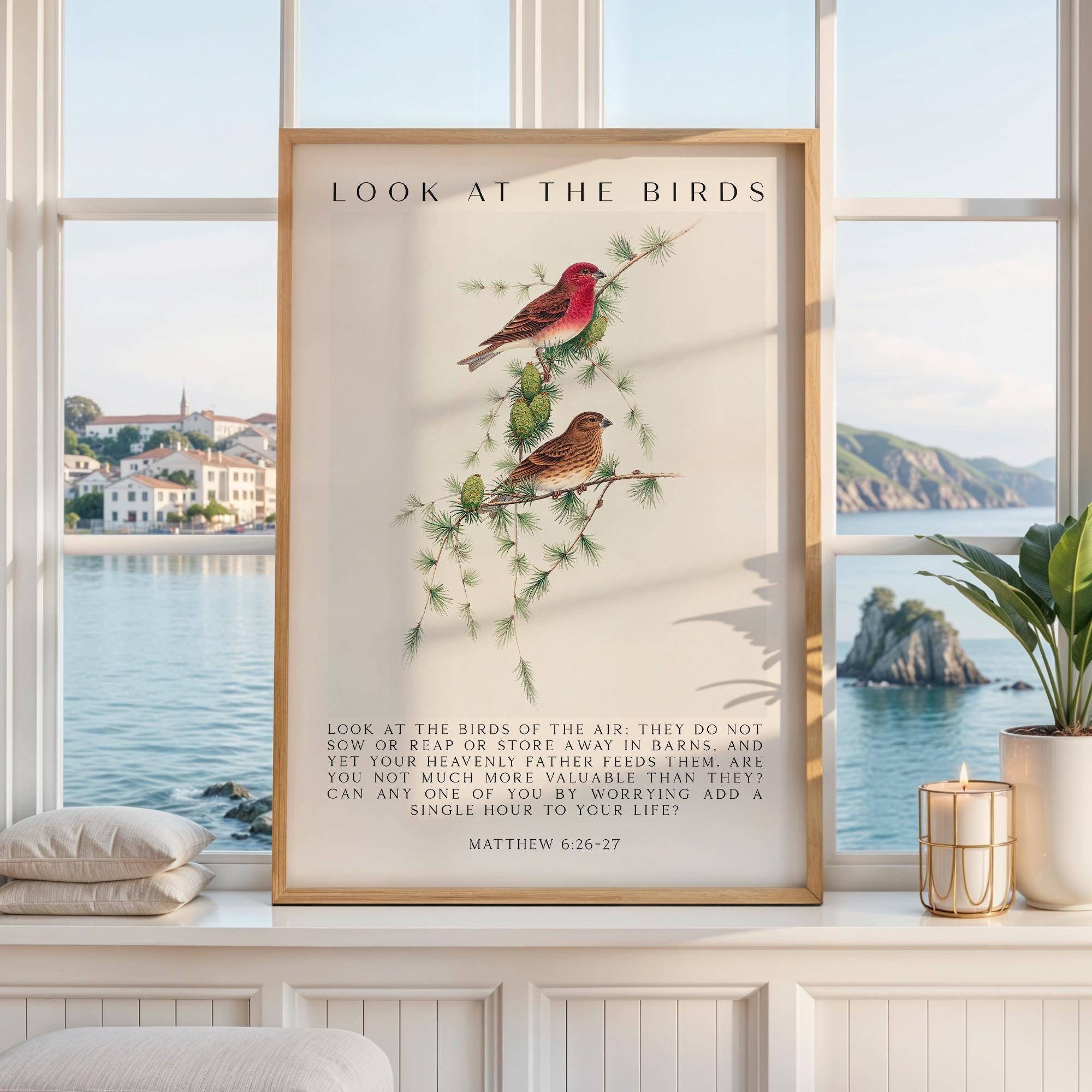 Matthew 6:26-27 Bible Verse Print, Look at the Birds Scripture Wall Art