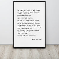 Rainer Maria Rilke Quote, Be patient toward all that is unsolved in your heart ... Framed Canvas Art Print - Inspiration - Poetry