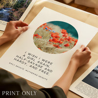 Wuthering Heights Quote Wall Art, Emily Bronte Literary Print, I Wish I Were a Girl Again