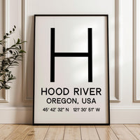 Hood River, Oregon with GPS Coordinates Typography Art Print, Minimalist Wall Art
