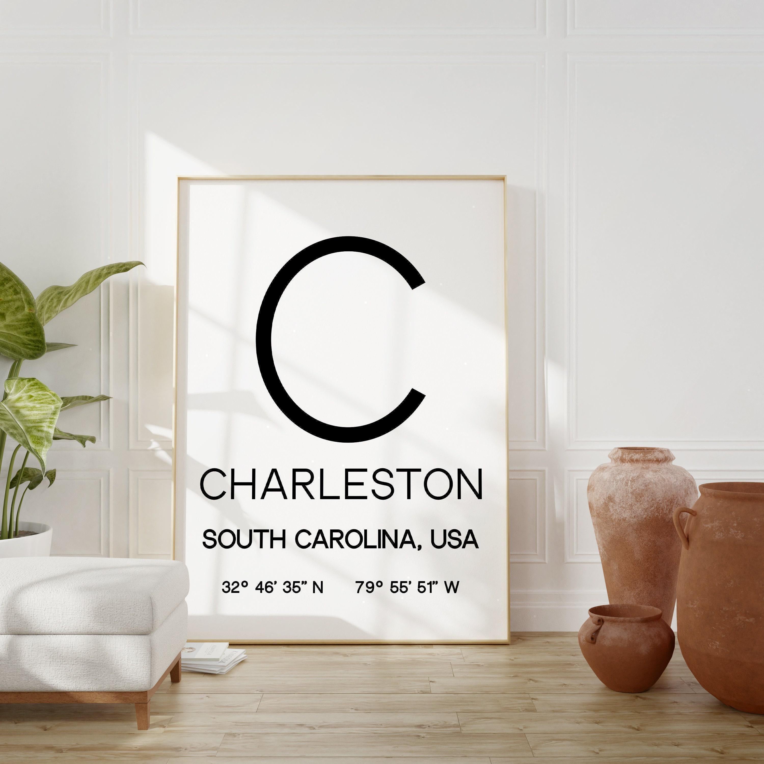 Charleston, South Carolina with GPS Coordinates Typography Art Print, Office - Home Decor - Restaurant - Apartment - Condo - Gift Ideas