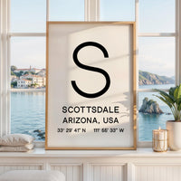 Scottsdale Arizona Wall Art, AZ Print, City GPS Coordinates, Travel Souvenir, Minimalist, Housewarming Gift