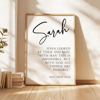 Matthew 19:26 "With man this is impossible, but with God all things are possible.", Personalized with Name, Typography Art Print