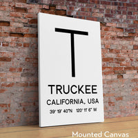 Truckee, California with GPS Coordinates Minimalist Art Print, Travel, Ski, Sierra Nevada