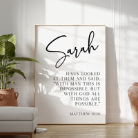 Matthew 19:26 "With man this is impossible, but with God all things are possible." • Personalized with Name • Typography Art Print