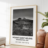 Mount Saint Helens Washington USA with GPS Coordinates Black & White Photography Art Print, Travel - Hiking - Nature - Wildflowers