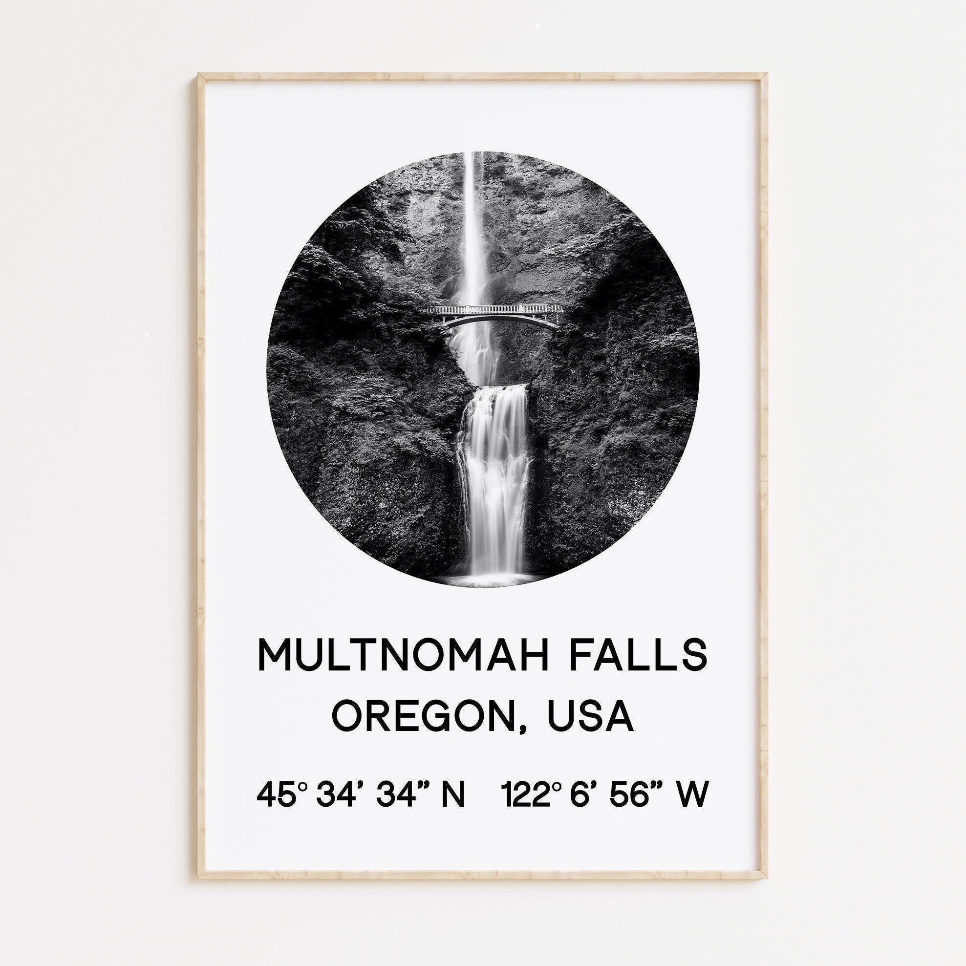 Multnomah Falls, Oregon with GPS Coordinates Art Print, Travel - Explore - Hike - Nature