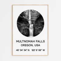 Multnomah Falls, Oregon with GPS Coordinates Art Print, Travel - Explore - Hike - Nature