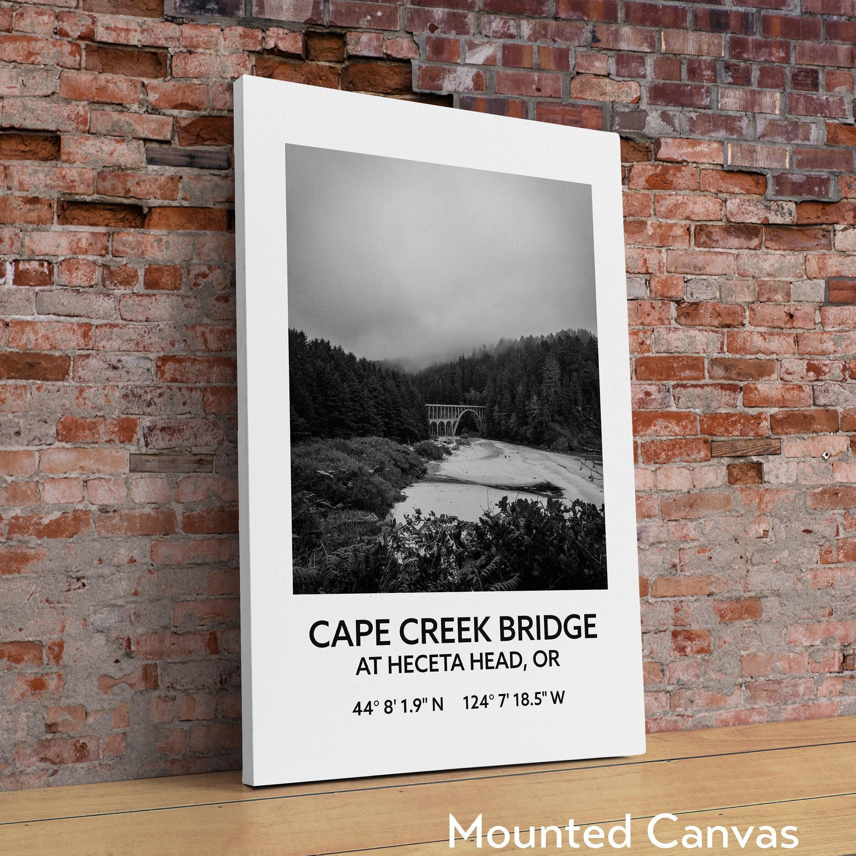 Cape Creek Bridge At Heceta Head, Oregon with GPS Coordinates Black & White Art Print, Travel - Oregon - Hwy 101 - Oregon Coast