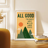 All Good Things Are Wild And Free Print, Retro Mountain Wall Art, Thoreau Quote