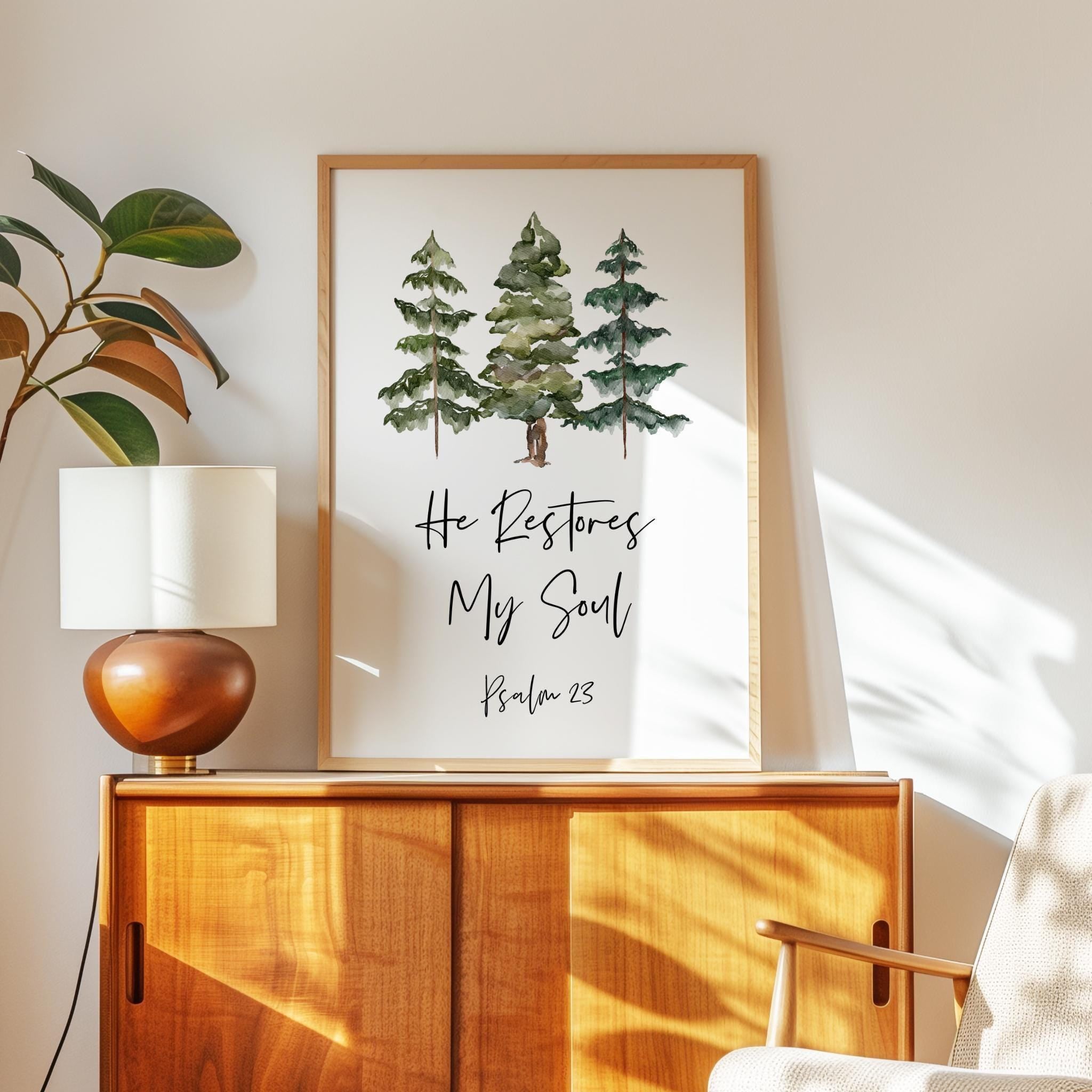 He Restores My Soul, Psalm 23, Watercolor Trees, Typography Art Print