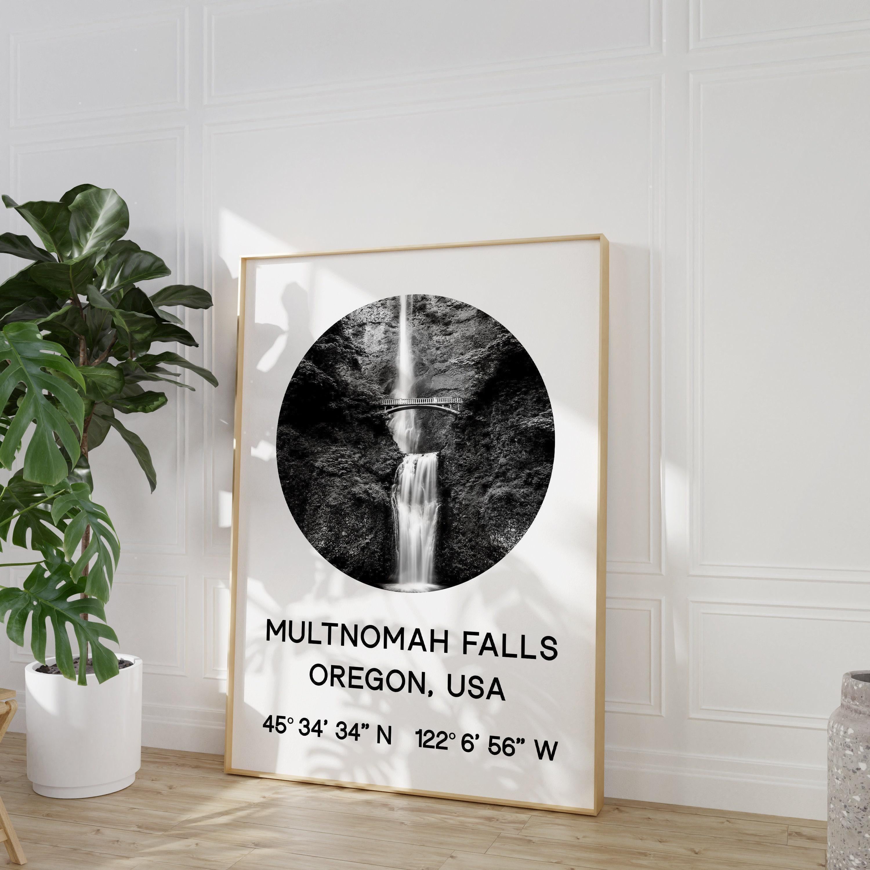 Multnomah Falls, Oregon with GPS Coordinates Art Print, Travel - Explore - Hike - Nature