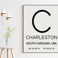 Charleston, South Carolina with GPS Coordinates Typography Art Print, Office - Home Decor - Restaurant - Apartment - Condo - Gift Ideas