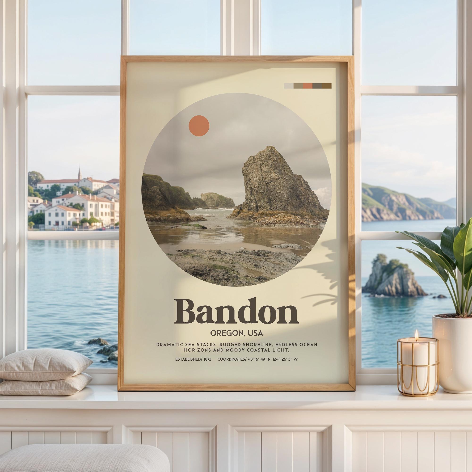 Bandon Oregon Mid Century Print, Oregon Coast Wall Art, Retro Travel Poster, PNW Decor