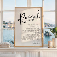 The Lord Will Fulfill His Purpose For Me, Psalm 138:8, Personalized Typography Art Print