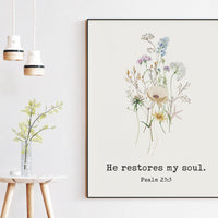 Psalm 23 He Restores My Soul Typography Art Print with Wildflowers, Christian - Scripture - Bible Verse - Inspirational - Faith