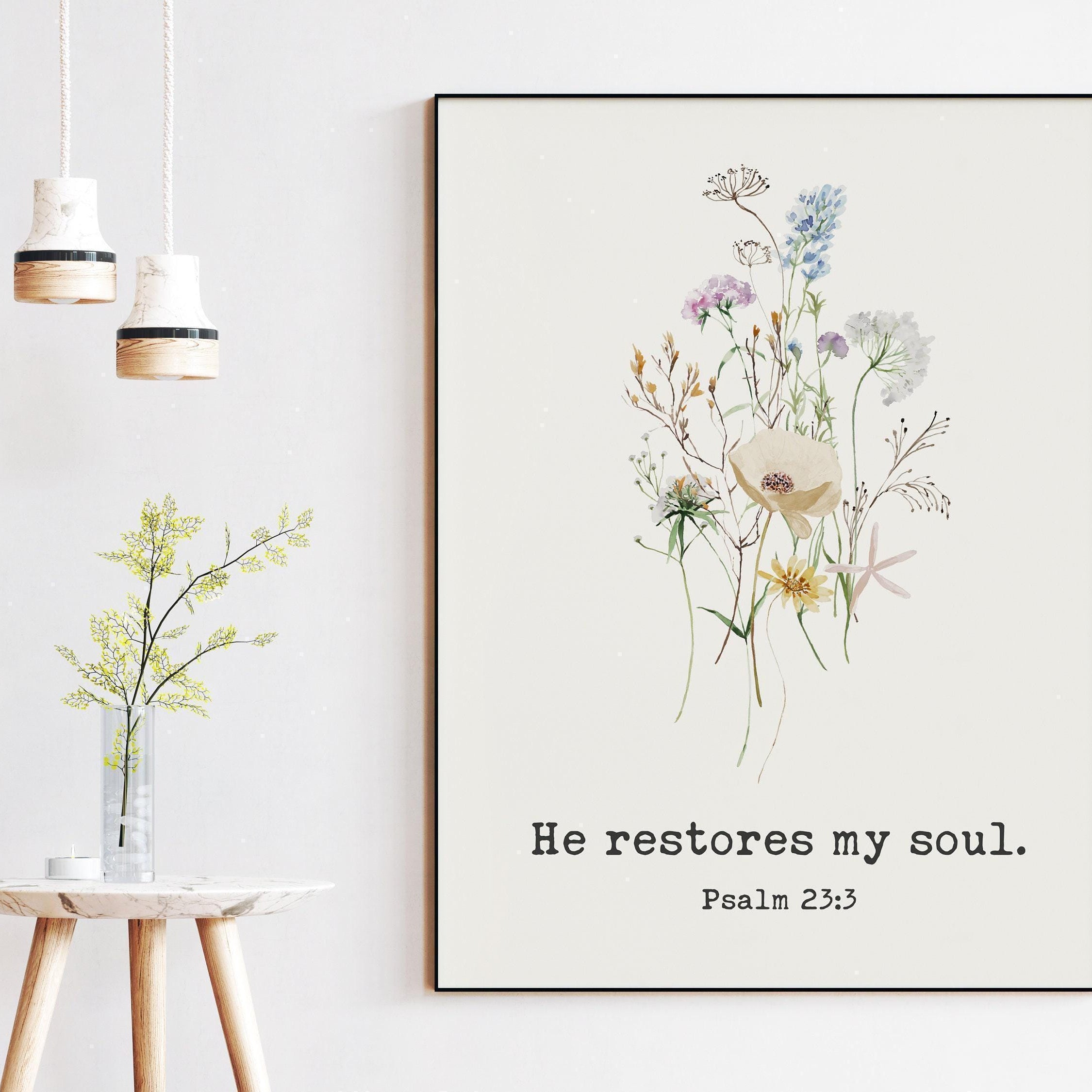 Psalm 23 He Restores My Soul Typography Art Print with Wildflowers, Christian - Scripture - Bible Verse - Inspirational - Faith