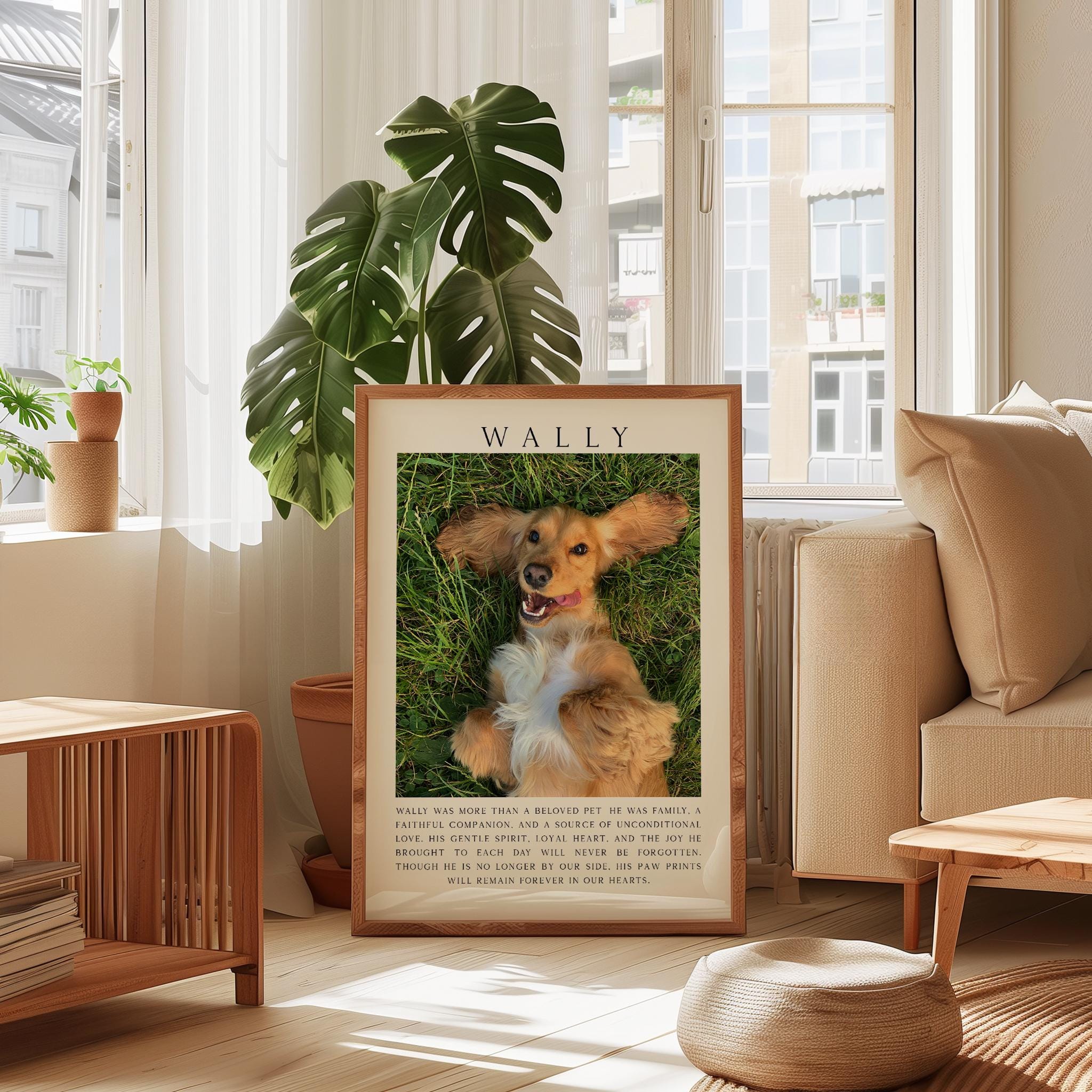 A framed photograph of a dog, specifically a golden retriever, sitting in the grass and looking up at the camera. The dog appears to be a family pet, and the photograph is displayed in a living room setting with a potted plant and a window in the background.