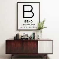 Bend Oregon with GPS Coordinates Typography Minimalist Art Print