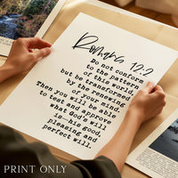 Romans 12:2 Scripture Art Print, Christian Typography Wall Art