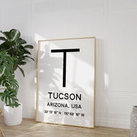 Tucson Arizona with GPS Coordinates Typography Minimalist Art Print