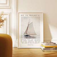 Psalm 93:4 Wall Art, He Is Mighty Scripture Print, Christian Nautical Typography Artwork for Home & Church Décor