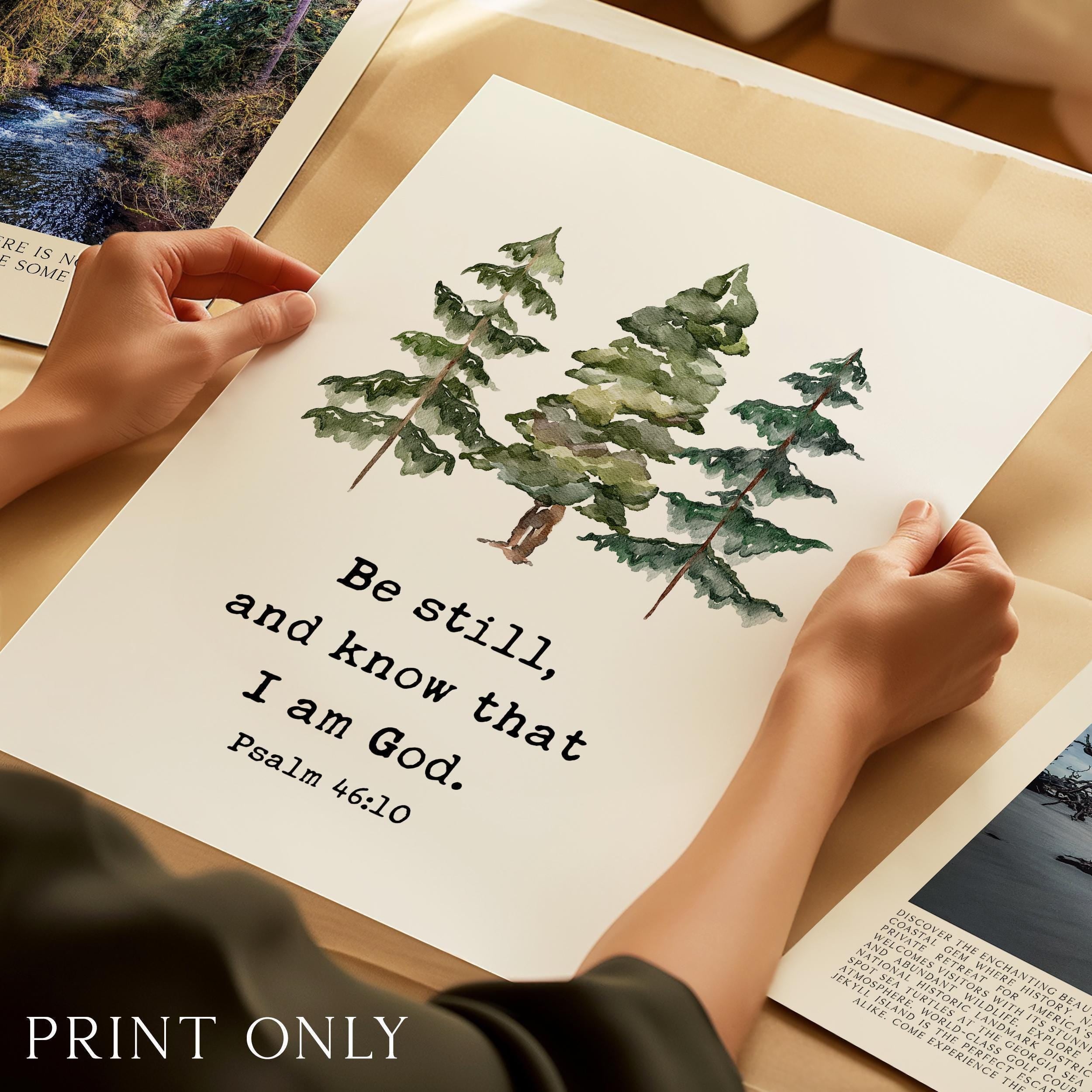 Be Still and Know That I Am God Print, Psalm 46:10 Wall Art, Christian Home Decor, Watercolor Trees