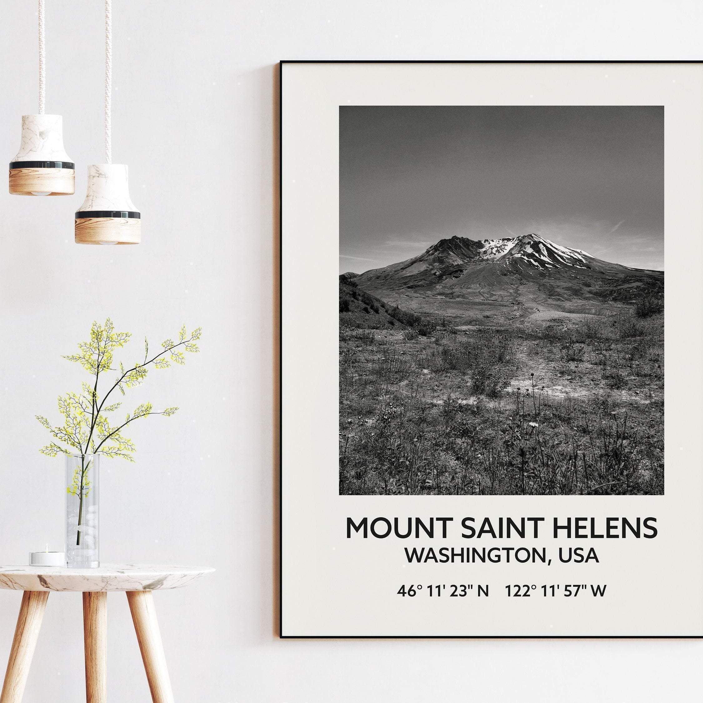 Mount Saint Helens Washington USA with GPS Coordinates Black & White Photography Art Print, Travel - Hiking - Nature - Wildflowers
