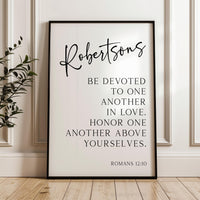 Be Devoted to One Another in Love, Romans 12:10, Personalized with Name, Typography Art Print, Christian, Wedding, Anniversary