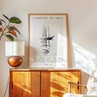 Fishers of Men Wall Art, Mark 1:17 Scripture Print, Christian Nautical Typography Artwork for Home & Church Décor