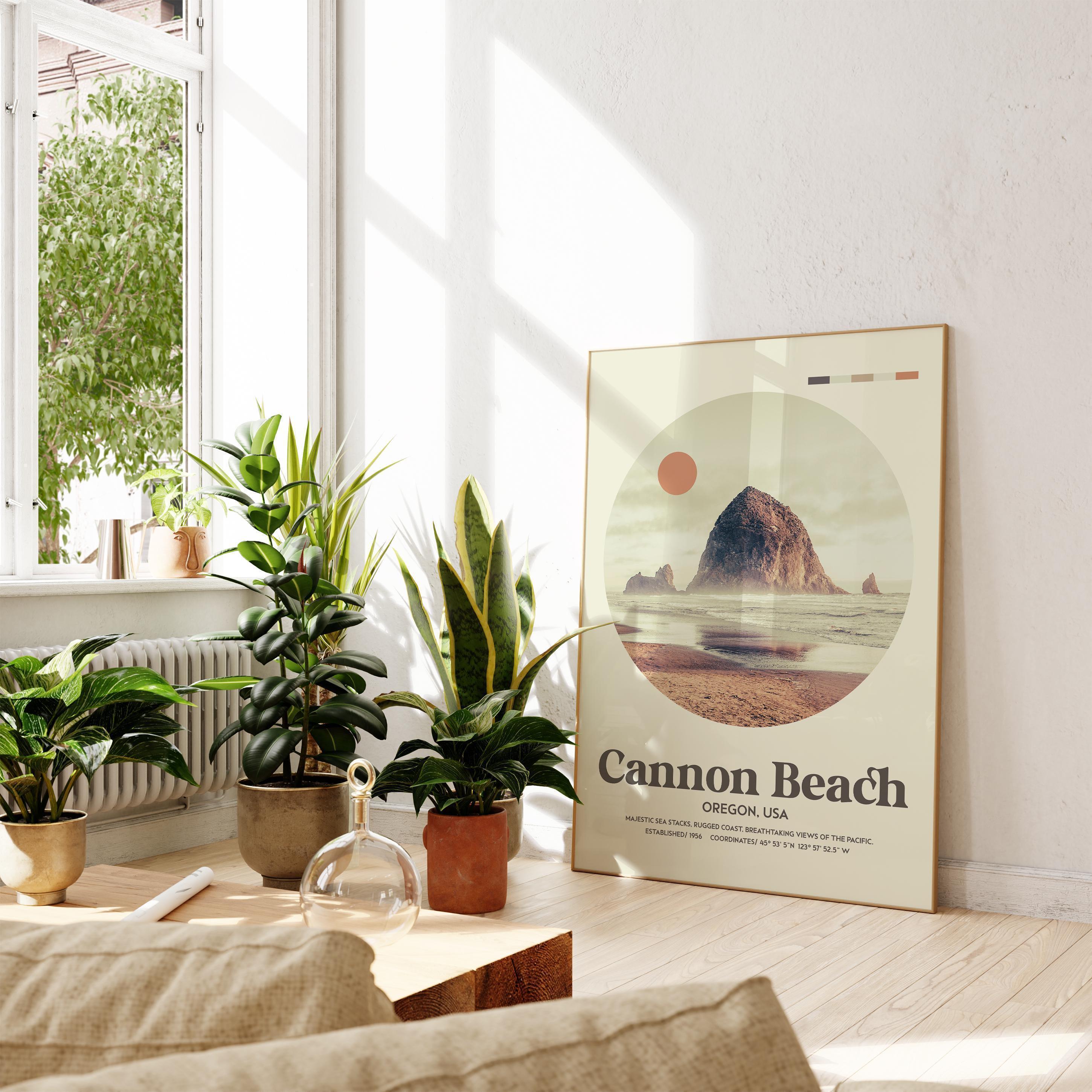 Cannon Beach, Oregon, MidCentury Modern, Featuring GPS Coordinates, Typography Art Print