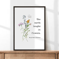 Ralph Waldo Emerson Quote, The earth laughs in flowers. Typography Art Print with Wildflowers - Inspiration (1846)