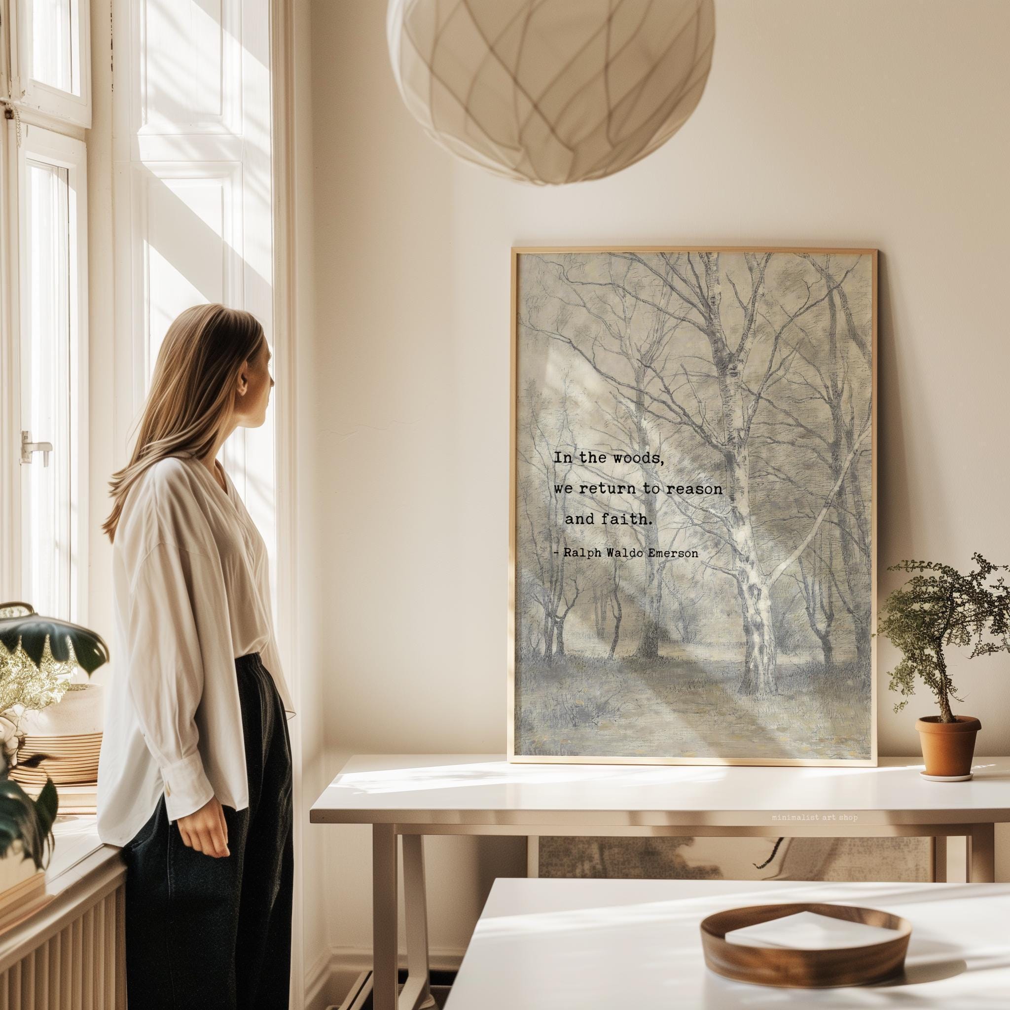 In the woods, we return to reason and faith. • Ralph Waldo Emerson Quote • Bos met berkebomen • Typography Art Print • Nature (1836)