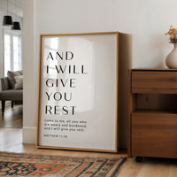 Matthew 11:28 Bible Verse Print, And I Will Give You Rest, Christian Wall Art, Minimalist Scripture Decor