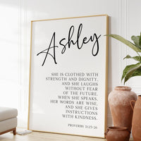Proverbs 31:25-26 She is clothed with strength & dignity, and she laughs without fear of the future... Personalized Typography Art Print