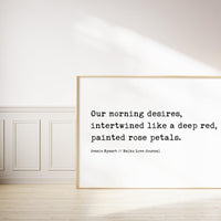 Our morning desires, intertwined like a deep red, painted rose petals. , Haiku Poem - Typography Art Print - Love - Anniversary