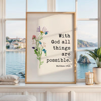 Matthew 19:26 Verse Print, With God All Things Are Possible, Christian Art, Floral