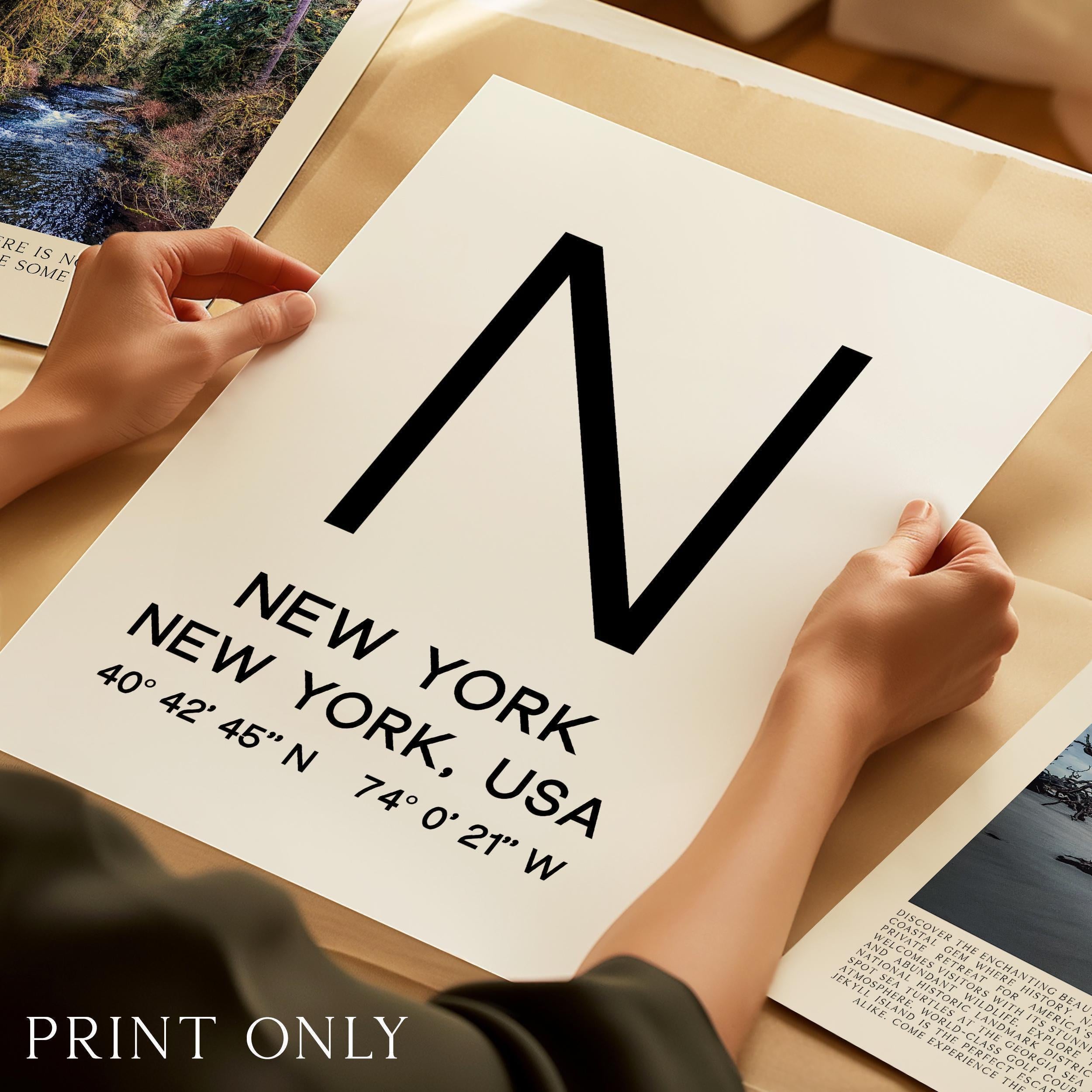 New York Typography Print, NYC Minimalist Wall Art, GPS Coordinates