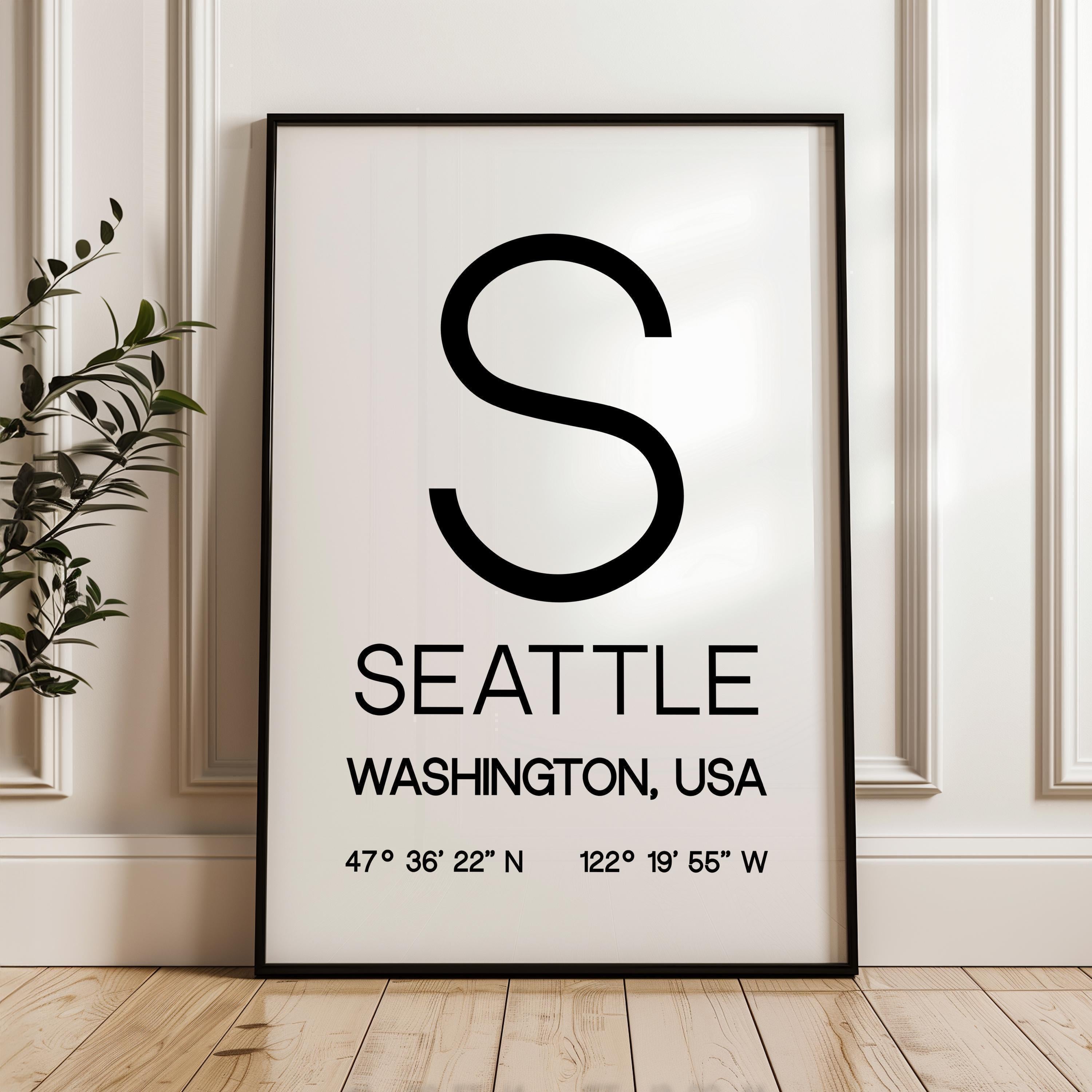 Seattle, Washington with GPS Coordinates Typography Wall Art Print, Office, Home Decor, Restaurant, Apartment, Condo • Gift