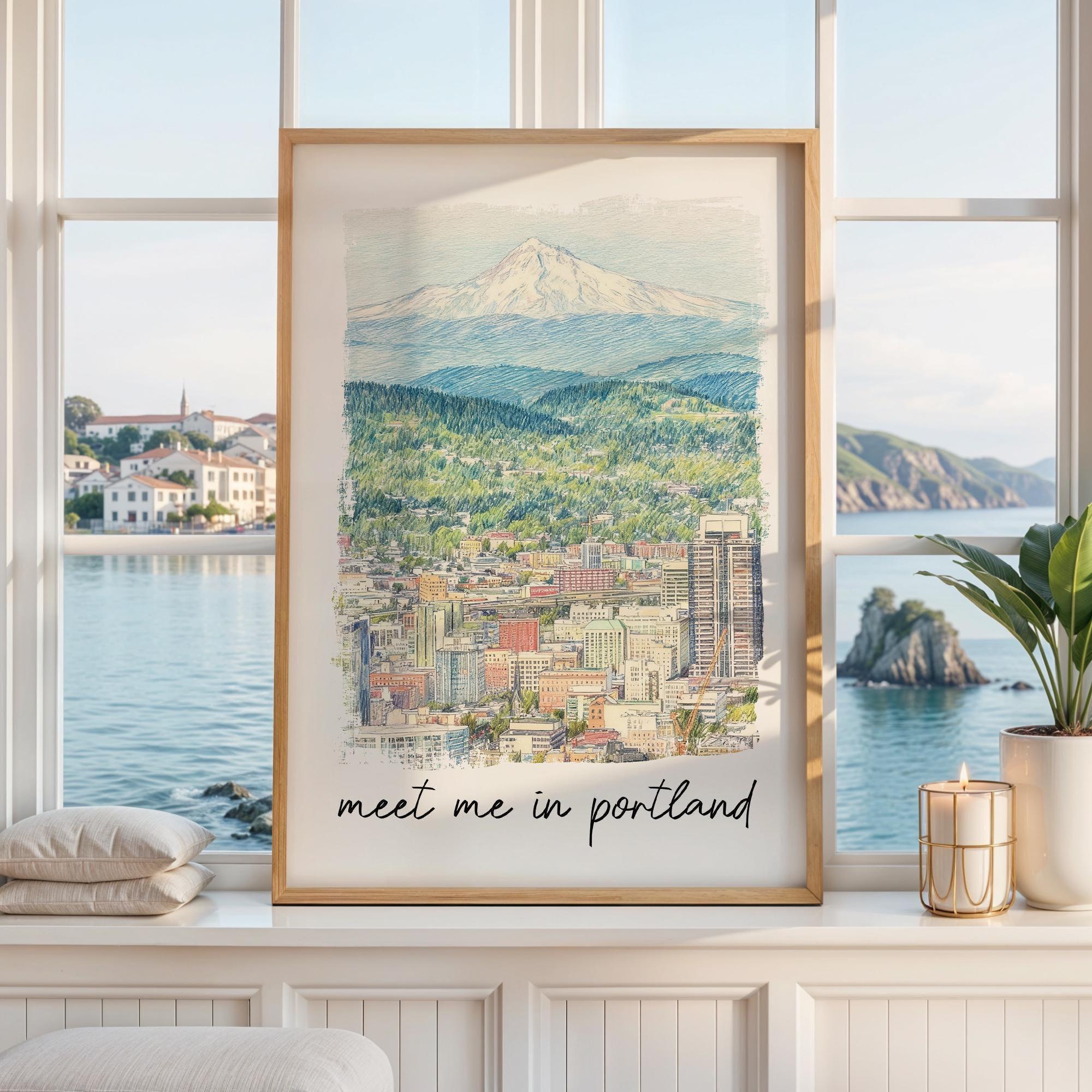Meet Me in Portland Print, Portland Skyline Art with Mount Hood - Travel Wall Decor
