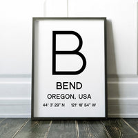 Bend Oregon with GPS Coordinates Typography Minimalist Art Print