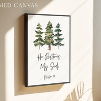 He Restores My Soul, Psalm 23, Watercolor Trees, Typography Art Print