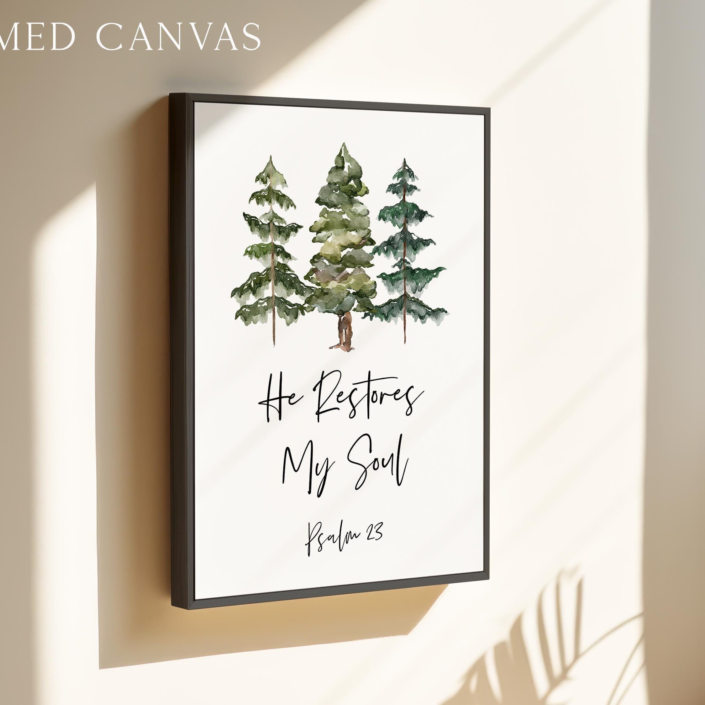 He Restores My Soul, Psalm 23, Watercolor Trees, Typography Art Print