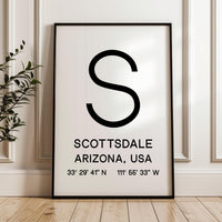 Scottsdale Arizona Wall Art, AZ Print, City GPS Coordinates, Travel Souvenir, Minimalist, Housewarming Gift